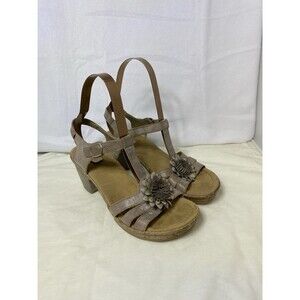 Rieker Womens Silver T-Strap Block Heel Slingback Sandal Size 7.5/38